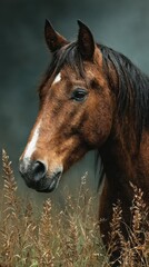 Majestic brown horse standing amongst tall grasses under a moody sky at dusk