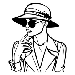 Pensive Woman in Beret - Retro Line Art