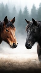 Horses facing each other in a misty forest setting during early morning light