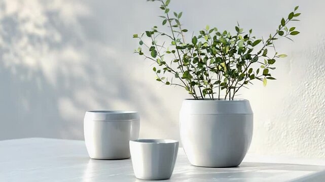 White table with plant and empty bowls in a modern minimalist setting