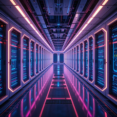 Futuristic Action, Data Center, Neon Technology, Digital Environment, High-Tech Space, Perspective, Visual Concept