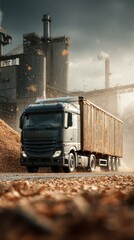 Heavy truck transporting timber at a processing facility during a cloudy afternoon in an industrial setting