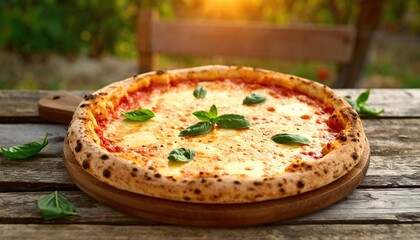Delicious pizza on a wooden table outdoors