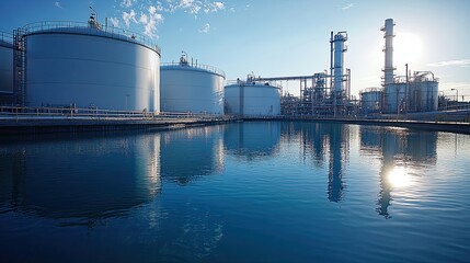 Storage Tanks by Water Facility with Industrial Equipment for Petroleum, Energy Storage, and Production Concepts