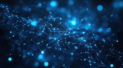 Technology Communication Vector showing interconnected nodes and lines in blue, symbolizing data transfer and network systems