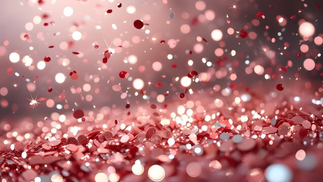 Elegant rose gold confetti background with sparkling bokeh and falling glitter effect