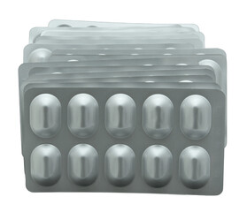 Tablets in foil blister packs on transparent background