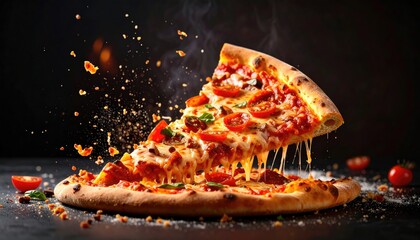Delicious pizza slice in motion