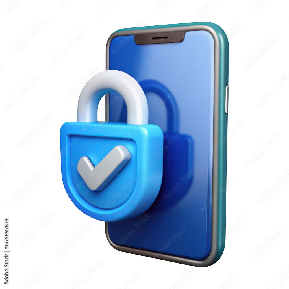 Poster 3d rendered smartphone with a blue security lock icon and checkmark isolated on transparent backgrou