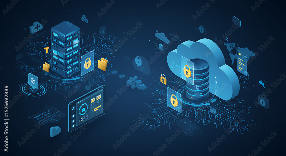 Aufkleber isometric illustration of cloud computing and server security with lock icons on blue background - a
