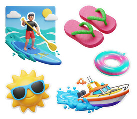 3D set of summer icons, sea, sun, paddleboarder, stickers,  Flip-flops, Swim ring, Motorboat, Waves , ocean 