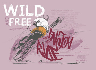 with bicycle illustration art tees, t shirt graphics print vector illustration design, Just ride slogan graphic, graffity bicycle sloganTee, Urban typography hipster street art for T.eps8