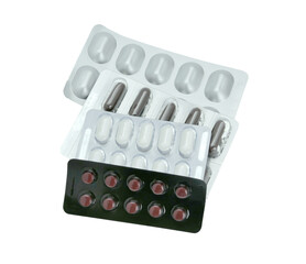 Tablets in foil blister packs on transparent background