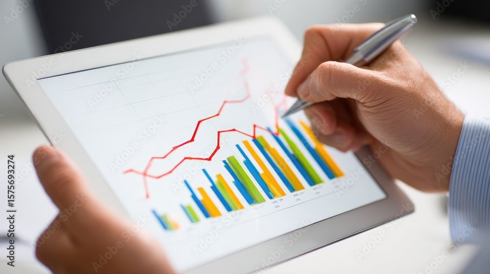 Poster office tablet showing startup scaling metrics and positive trend projections