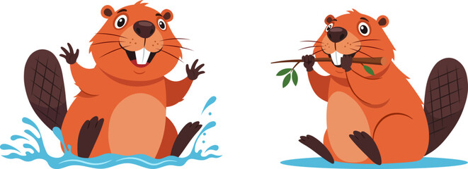 A set of two cute cartoon beaver characters in different poses. One is playing and splashing in the water, the other is eating a branch. A collection of wildlife animal mascot poses for various design