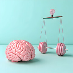 Pink brain and barbell on a balance scale with a lightbulb on a pastel blue background