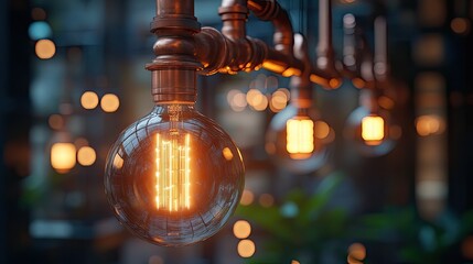Vintage filament bulb with copper pipes, retro steampunk light concept with glowing warm light source