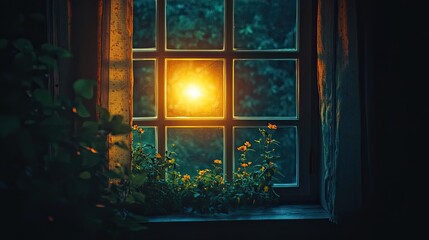 Warm light glowing from a window in dark room, cozy night interior scene symbolizing solitude, safety, or inspiration