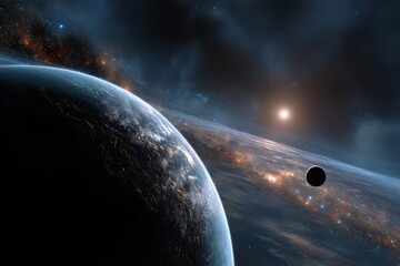Stunning view of distant planets and stars in outer space during cosmic daylight