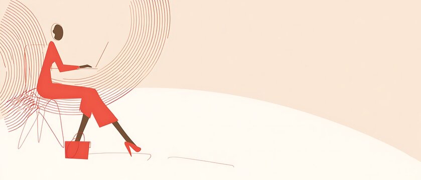 Woman seated, working on a laptop, in a minimalist style.