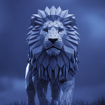 Low Poly Lion Illustration Polygon Animal Design Geometric Model On Blue Background.