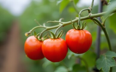 Three ripe tomatoes on green branch. Home grown tomato vegetables growing on vine in greenhouse. Autumn vegetable harvest on organic farm. High quality