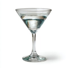 Clear martini glass filled with clear liquid and ice cubes isolated on white background