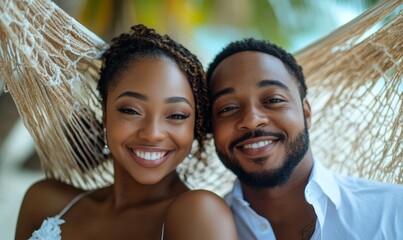 Happy young couple relaxing in a hammock. African American newlywed husband and wife on their honeymoon vacation island getaway, Generative AI