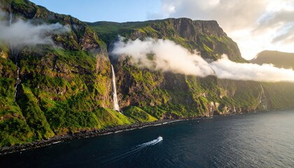 Dramatic waterfalls cascading down cliffs, misty mountain landscape, small boat on water