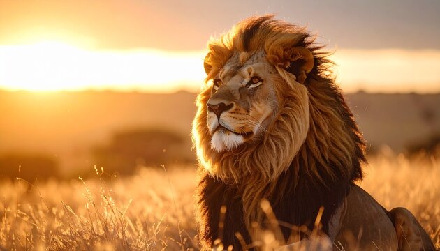 Majestic lion basking in golden sunset light