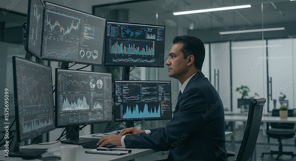 Poster man in suit analyzing financial data on multiple monitors in a modern office setting at his desk - a
