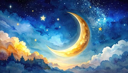 Dreamy night sky with golden crescent moon