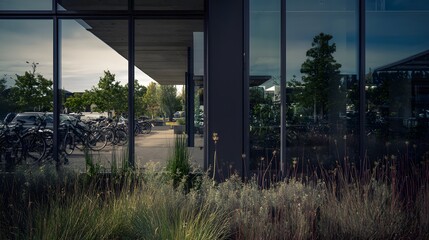 Corporate building with vibrant mini-garden at entrance