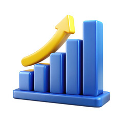 3d blue bar graph with a yellow arrow indicating upward trend isolated on transparent background