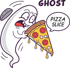 funny ghost eating pizza slice cartoon design art