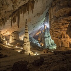 Illuminated Cave Interior with Rock Formations