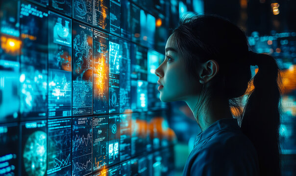 Focused young woman analyzing futuristic digital data visualization screens with holographic technology in dark high-tech environment