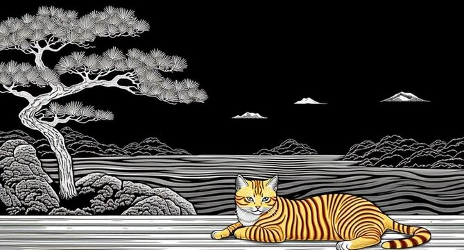 Black and white woodcut animated artwork with beautiful orange cat, the cute red tabby is lounging next to pine trees by the sea on Japanese island of calm Seto sea on wooden terrace, nice quiet scene