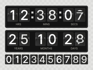 Realistic Analogue Time Clock and Flip Countdown Timer &ndash; Black Split-Flap Display for Years, Months, Days, Hours, Minutes, and Seconds &ndash; Vector Illustration for Web Pages and Event Templates.