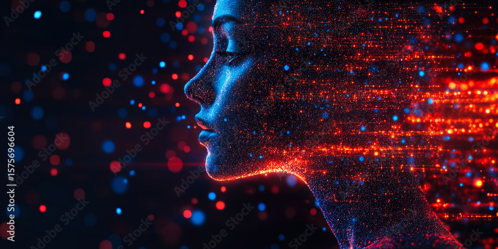 Poster profile of futuristic female face composed of glowing digital particles and data streams in abstract
