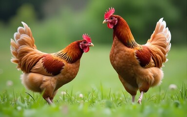 Hens on a traditional free range poultry organic farm grazing on the grass with copy space. High quality