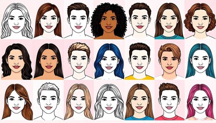 Diverse faces with various hairstyles