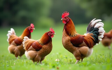 Hens on a traditional free range poultry organic farm grazing on the grass with copy space. High quality