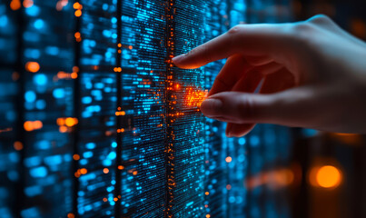 Human hand interacting with futuristic digital data interface displaying glowing blue and orange binary code and network connections in technology concept