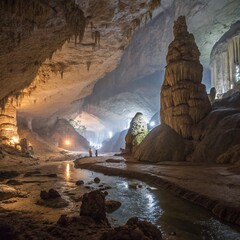 Illuminated Cave Interior with Rock Formations
