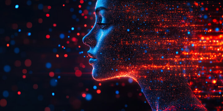 Profile of futuristic female face composed of glowing digital particles and data streams in abstract technological background representing artificial intelligence and data visualization - Powered by Adobe