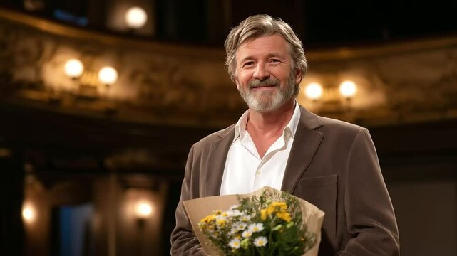 Actor's Curtain Call at Historic Theater with Bouquet of Flowers