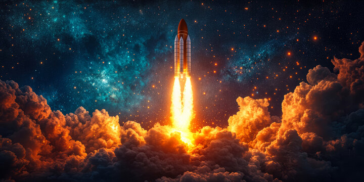 Space shuttle rocket launch with bright flames and smoke against starry night sky and cosmic galaxy background in deep space exploration scene