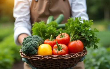 agriculture organic agronomist genetic nature gardener plant fresh vegetables harvest nutrition gardener is going to harvest organic agriculture nature fresh vegetables put on basket. Creative Banner