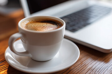 A white coffee cup sits on a white saucer on a wooden table